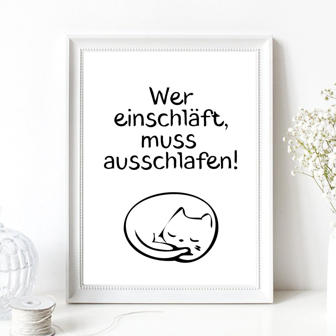 Funny German Sleep Quote Poster With Cute Sleeping Cat Line Drawing - Image 2