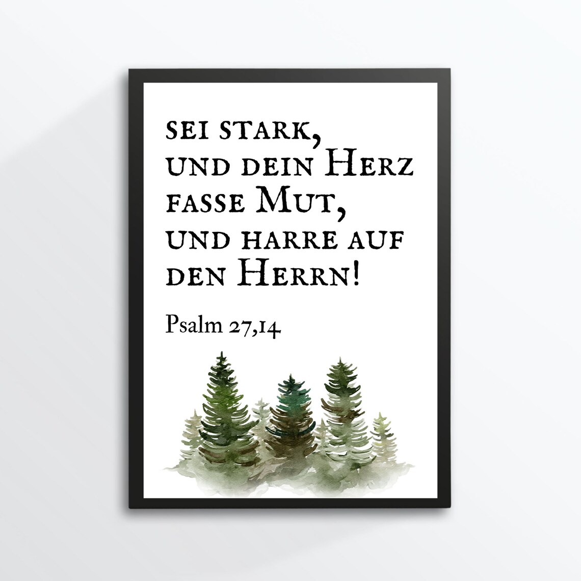 German Bible Verse Psalm 27 Be Strong Watercolor Fir Tree Faith Art Poster