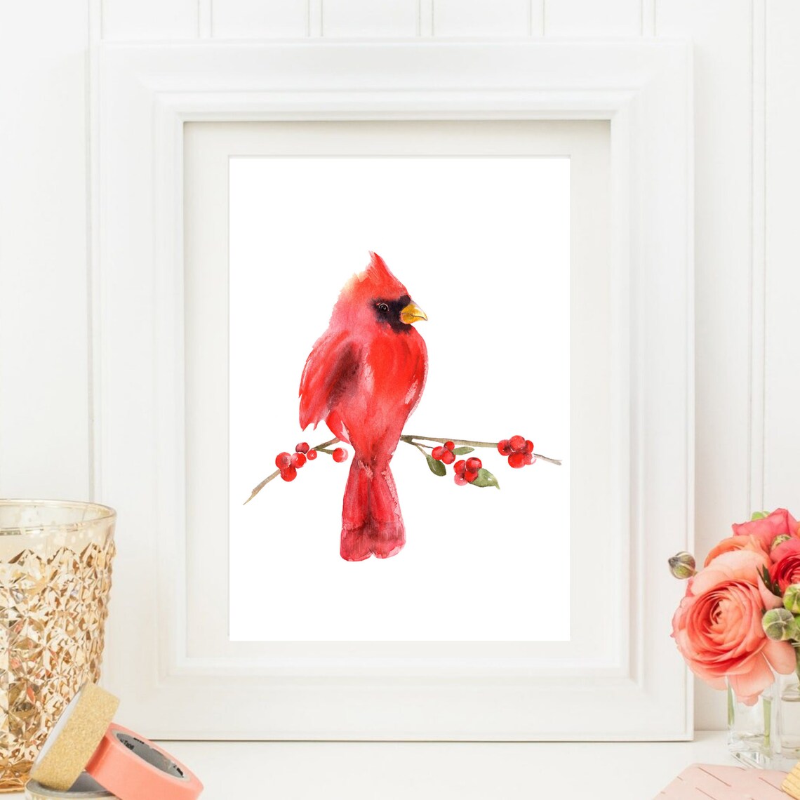 Red Cardinal Bird Watercolor Perched Berry Branch Songbird Poster