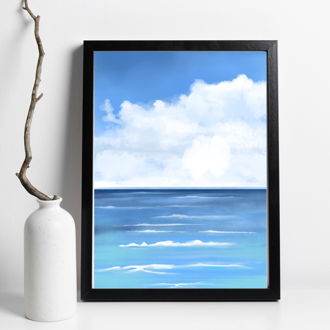 Ocean Horizon Blue Waves White Clouds Serene Maritime Illustration Print - Image 2