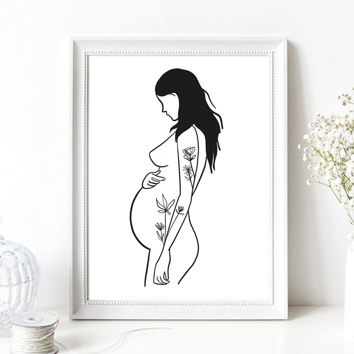 Pregnant Woman Floral Minimalist Black Line Art Maternity Wall Art