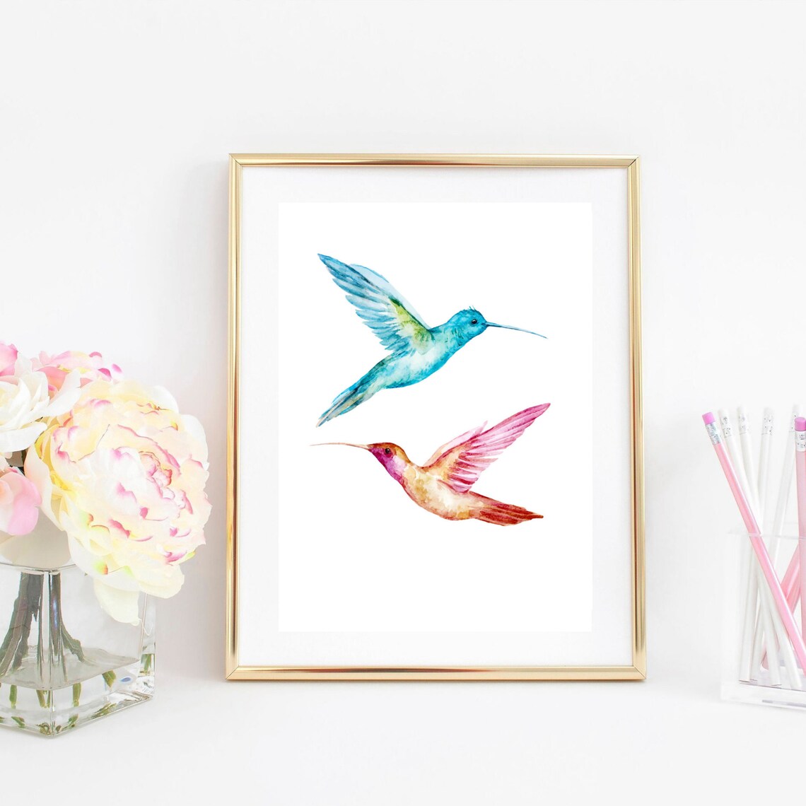 Two Hummingbirds Watercolor Turquoise Pink Birds Illustration Poster