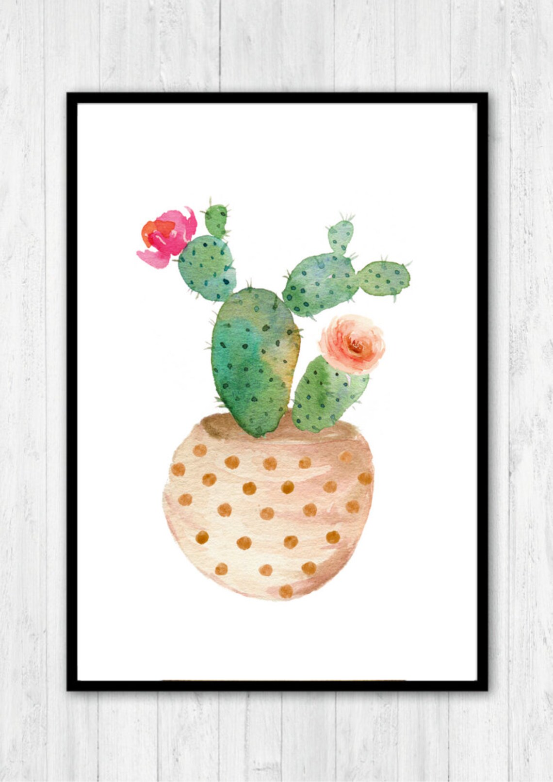 Blooming Prickly Pear Cactus Gold Dotted Pot Watercolor Art Print - Image 2