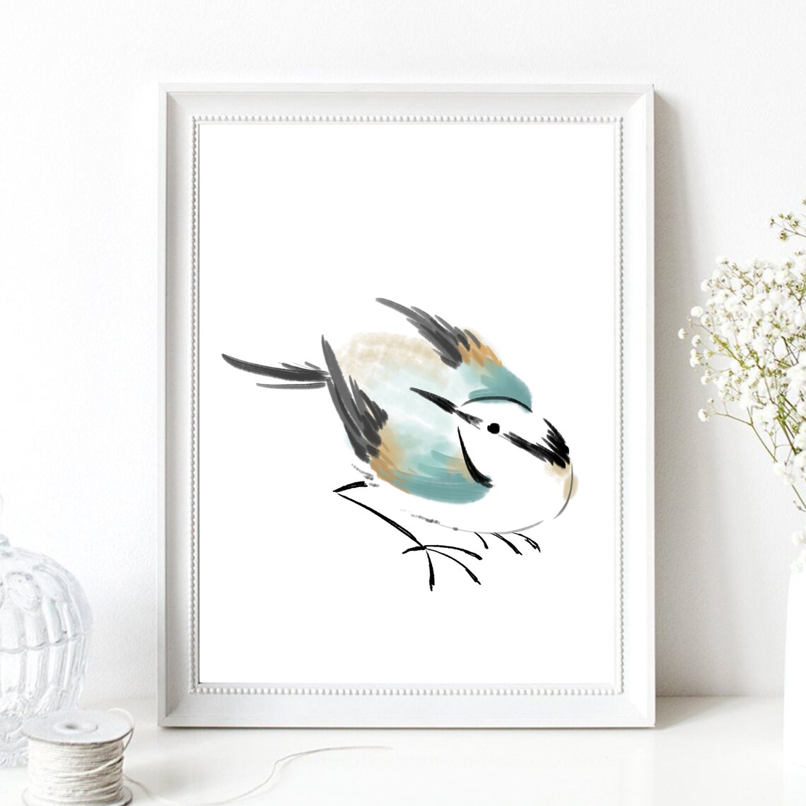 Minimalist Ink Bird Painting Turquoise Beige Nature Watercolor Poster - Image 2