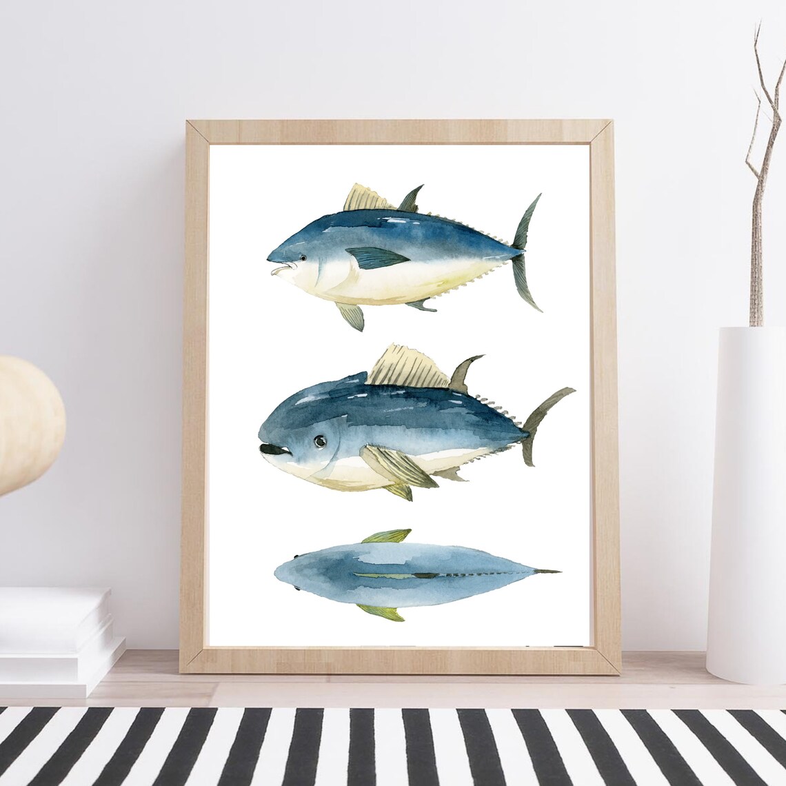 Three Blue Tuna Fish Watercolor Sea Life Ocean Maritime Art Print