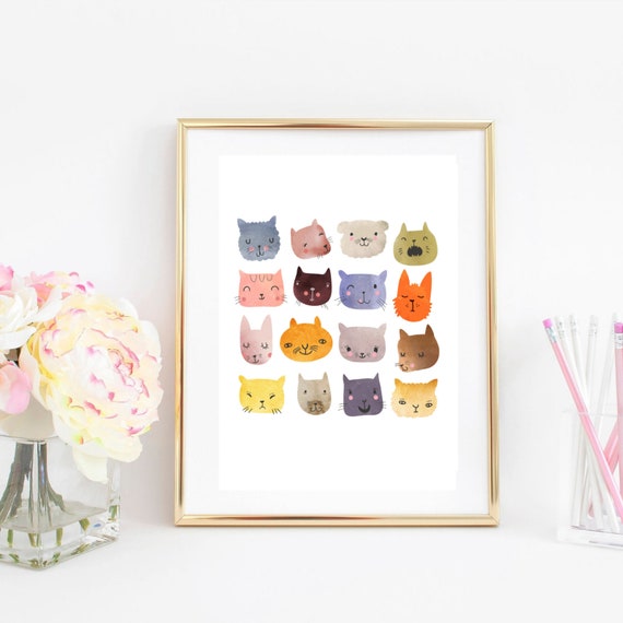 Din A4 Art Print Unframed Watercolor Cute Cats Cat Heads Comic Style Colorful Cat Love Picture Poster Gift