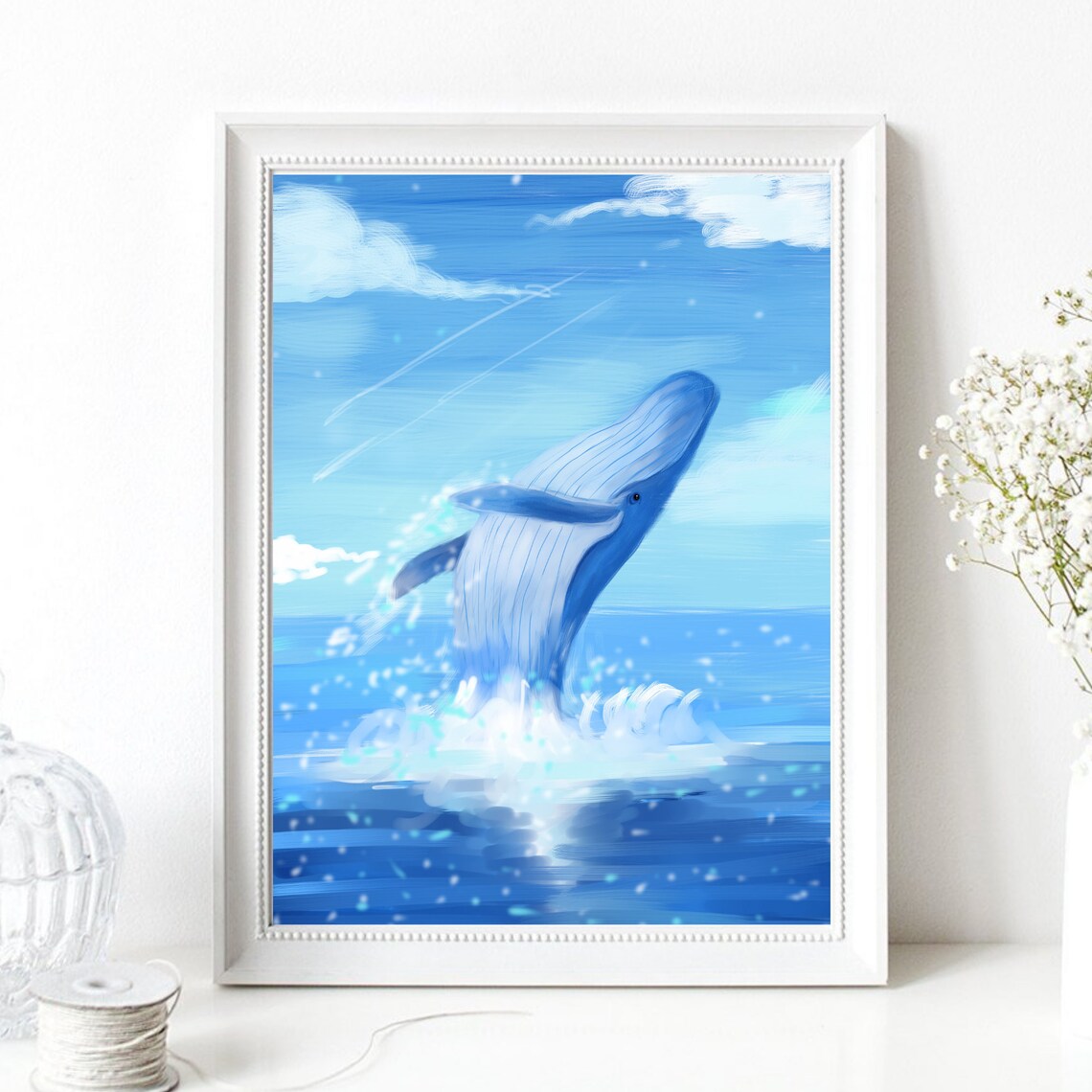 Din A4 Art Print Without Frame Jumping Whale Blue Whale Sea Ocean Watercolor Blue Maritime Print Poster Image