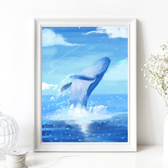 Din A4 Art Print Without Frame Jumping Whale Blue Whale Sea Ocean Watercolor Blue Maritime Print Poster Image