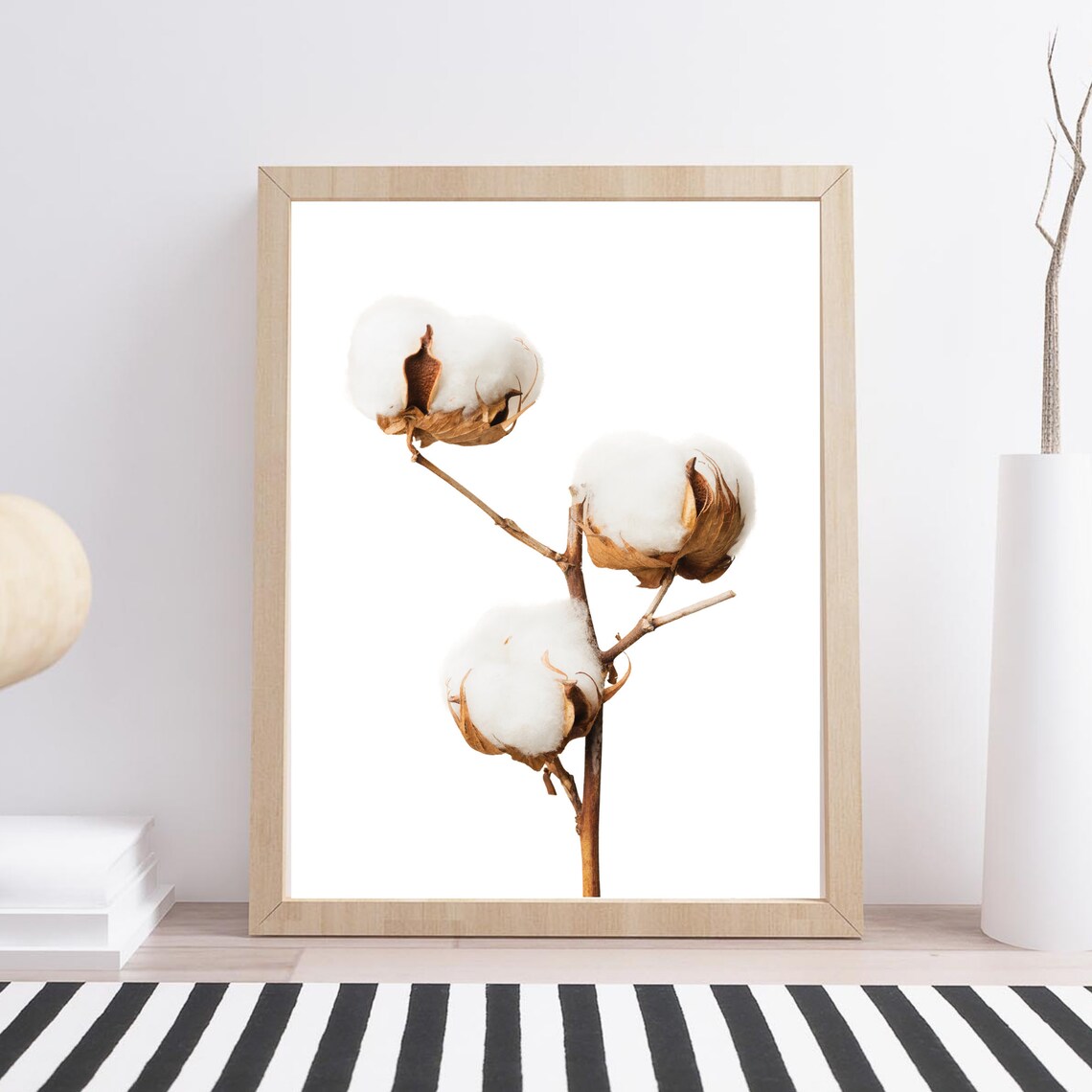 White Cotton Bolls Branch On White Minimalist Nature Photo Print