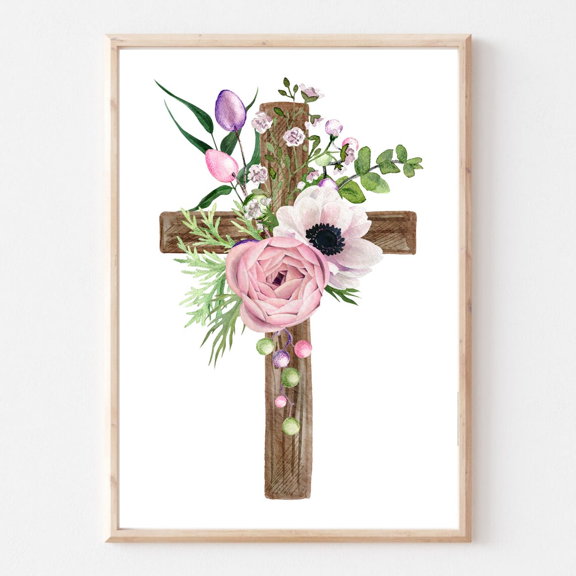 Wooden Cross With Pink Roses Floral Watercolor Christian Art Print - Image 2