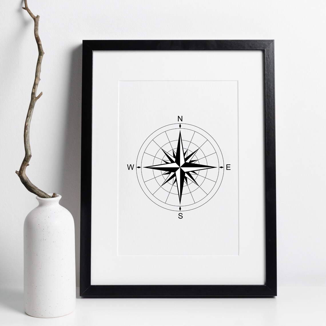 Compass Rose North South East West Minimalist Nautical Line Wall Art
