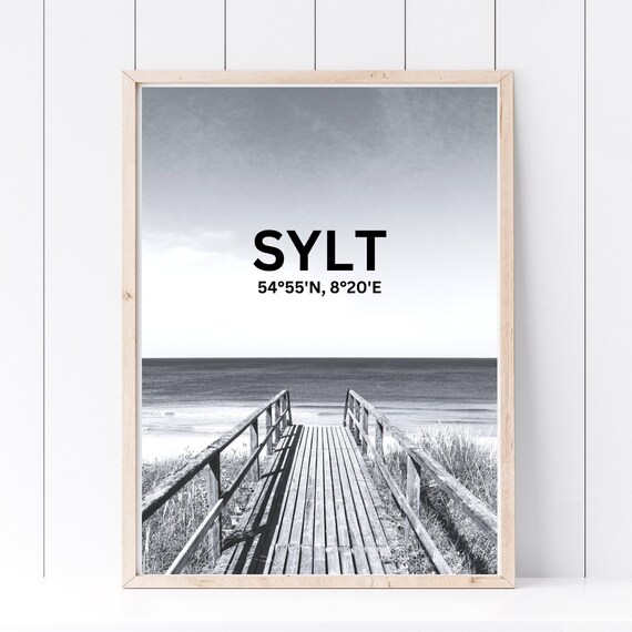 Din A4 Art Print Without Frame Sylt With Coordinates Footbridge In The Dunes Picture Print Poster Typography Photo Art