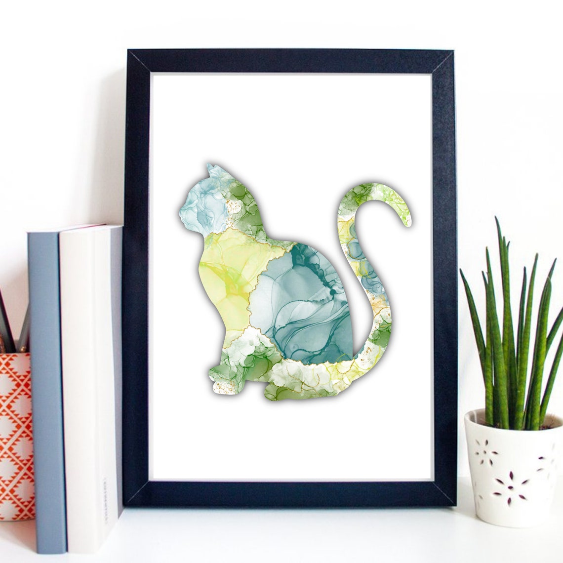 Sitting Cat Silhouette Green Yellow Watercolor Marble Art Poster
