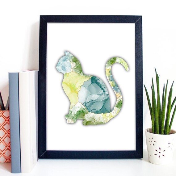 Sitting Cat Silhouette Green Yellow Watercolor Marble Art Poster