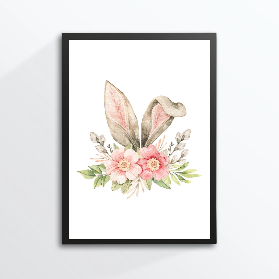 Floral Bunny Ears Pink Blossoms Greenery Easter Watercolor Print - Image 2