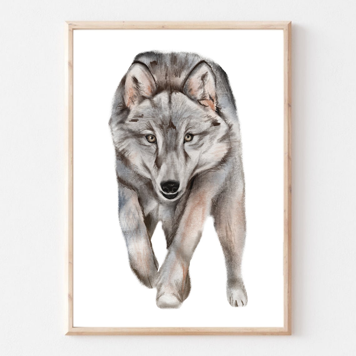 Grey Wolf Front View Watercolor Full Body Forest Animal Art Poster - Image 2