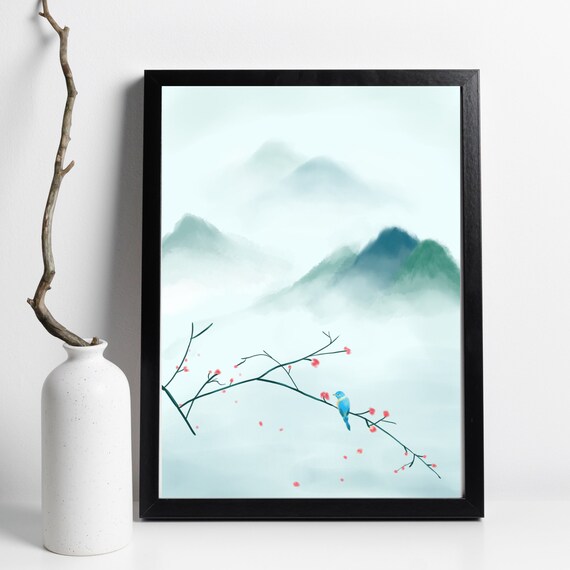 Din A4 Art Print Without Frame Asian Landscape Mountains Illustration China Japan Asia East Asia Print Poster Image