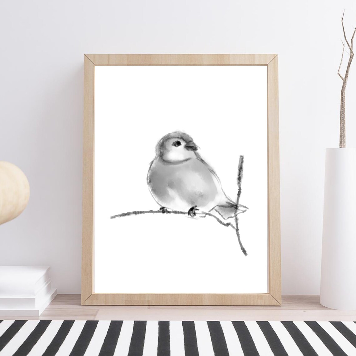 Ink Watercolor Songbird On Branch Minimalist Monochrome Bird Poster