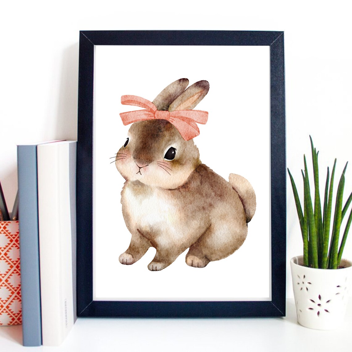 Cute Brown Bunny Wearing Pink Bow Watercolor Kids Nursery Art Print - Image 2