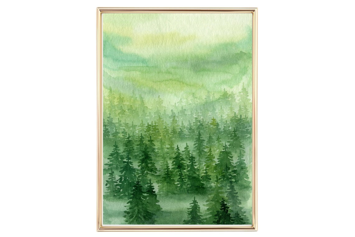 Misty Green Fir Forest Watercolor Woodland Nature Art Poster - Image 2