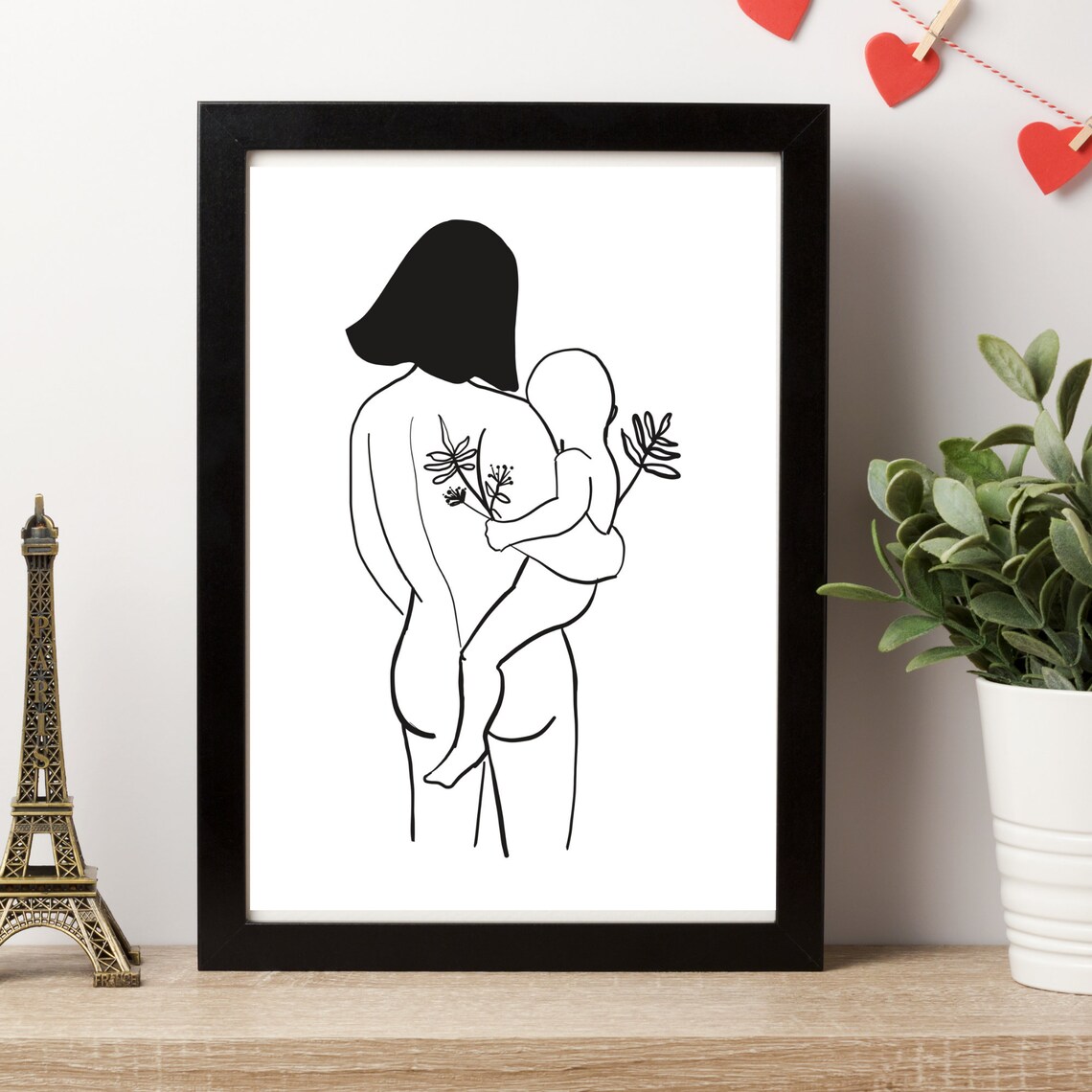 Mother Carrying Baby Minimalist Black Line Art Motherhood Wall Art - Image 3