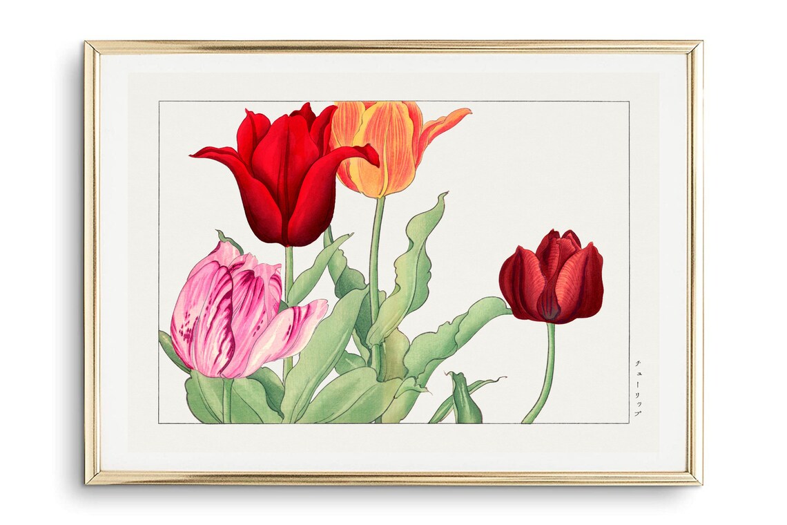Vibrant Tulips Red Orange Vintage Japanese Botanical Floral Wall Art - Image 2