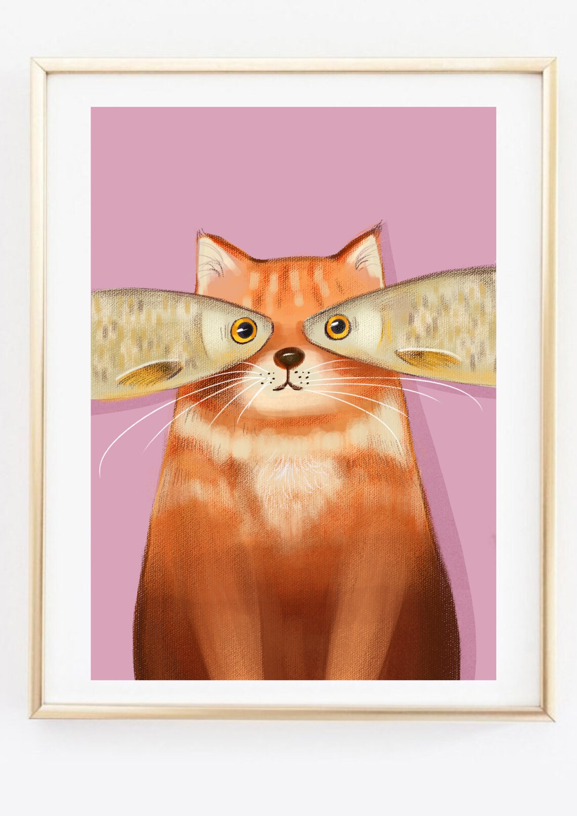 Funny Orange Cat Fish Over Eyes Whimsical Pink Cat Art Poster - Image 3