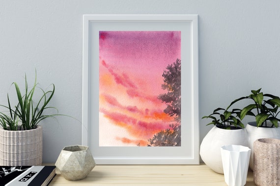Din A4 Art Print Without Frame Watercolor Red Evening Sky With Fir Trees Romance Tranquility Relaxation Print Poster Picture