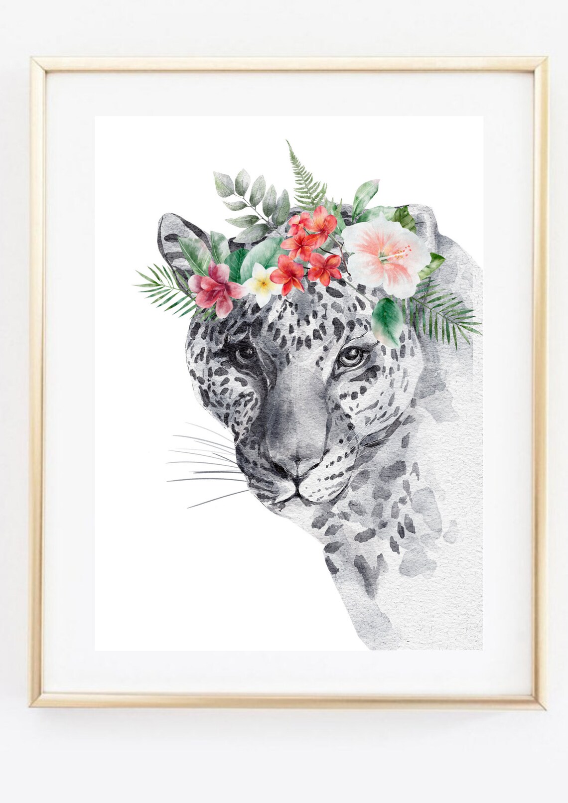 Leopard With Tropical Flower Crown Watercolor Wildlife Safari Art Poster - Image 3