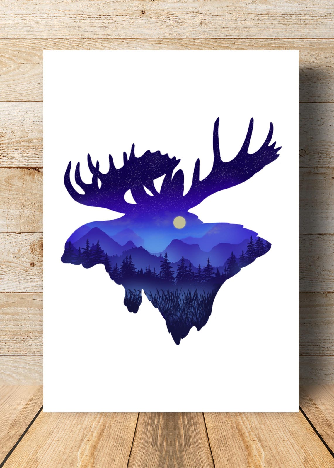 Moose Head Night Mountain Forest Silhouette Double Exposure Wall Print - Image 3