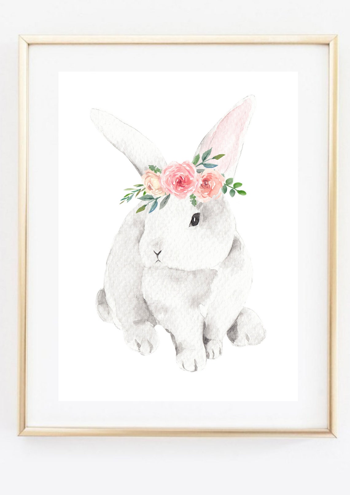 White Bunny Flower Crown Watercolor Rabbit Cute Nursery Animal Poster - Image 3