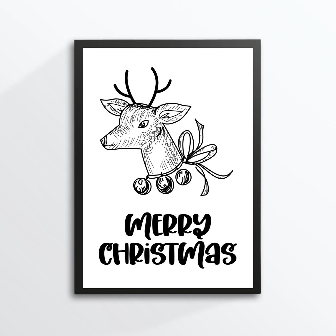Black and White Reindeer Head Sketch Merry Christmas Typography Poster