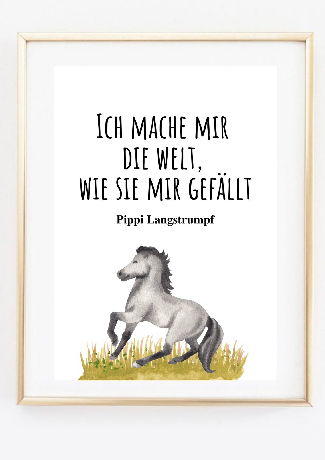 Pippi Langstrumpf Quote Gray Horse Watercolor German Kids Room Art Poster - Image 3