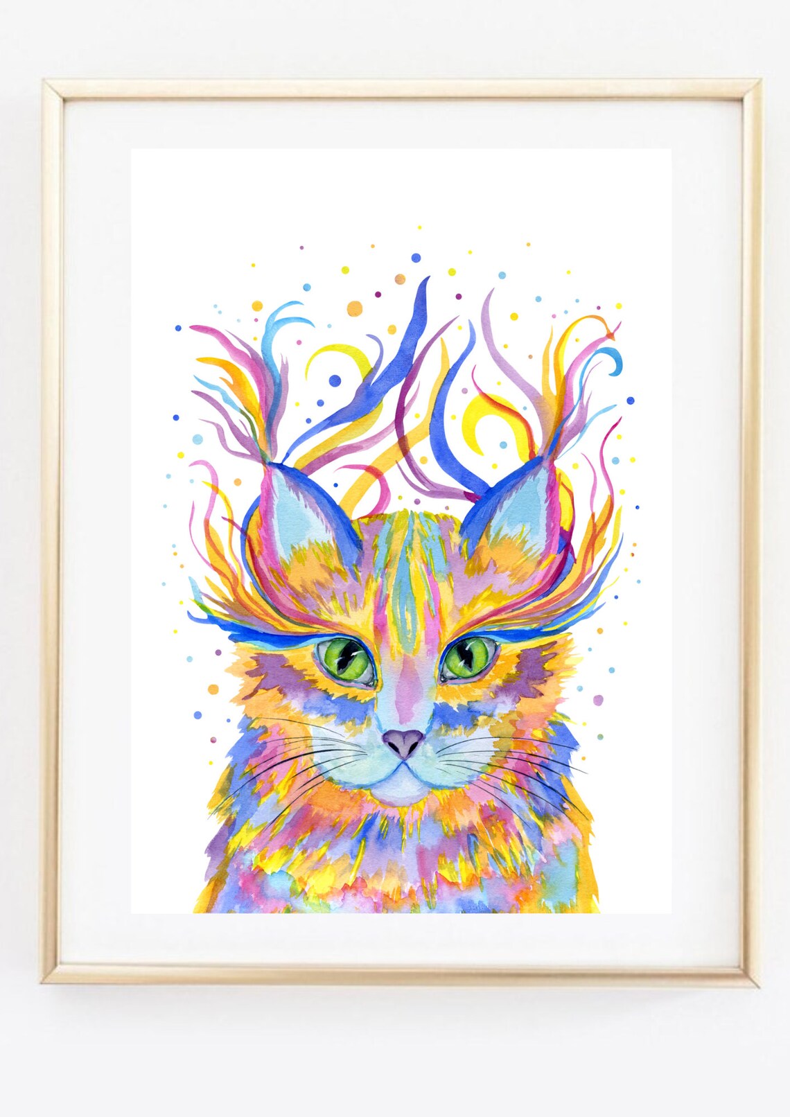 Rainbow Fantasy Cat Green Eyes Colorful Watercolor Animal Wall Art - Image 3