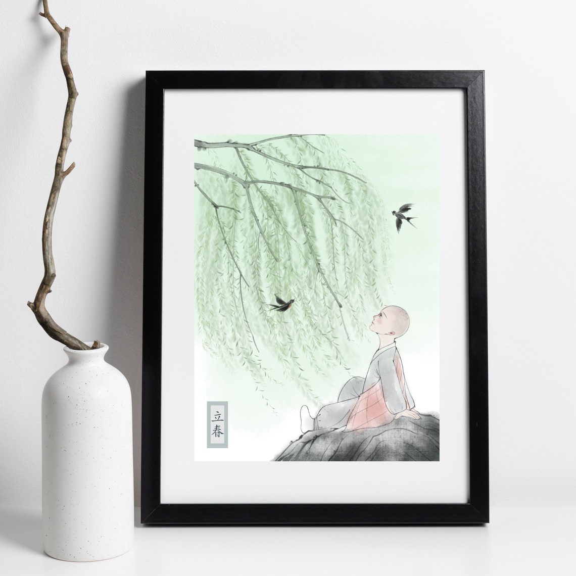Little Monk Under Willow Tree Watching Swallows Spring Zen Poster - Image 2