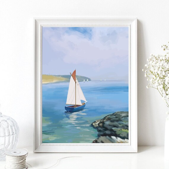 Sailboat On Calm Blue Bay Coastal Watercolor Seascape Wall Art Poster