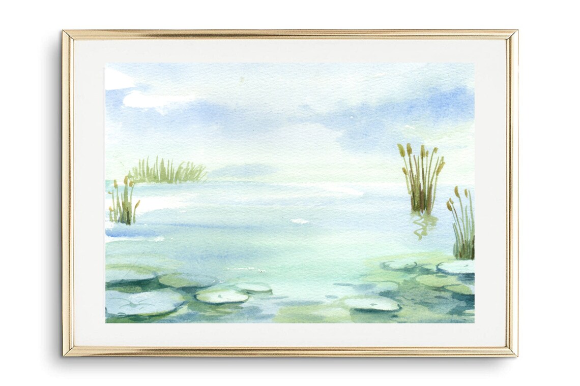 Watercolor Pond Lily Pads Reeds Serene Green Nature Art Print Poster - Image 2