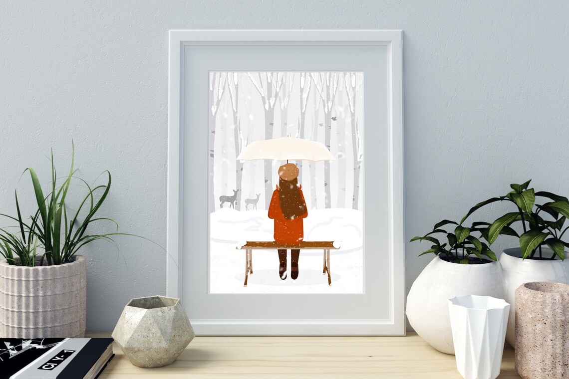 Girl With Umbrella Snowy Winter Forest Deer Bench Cozy Wall Art Print - Image 3