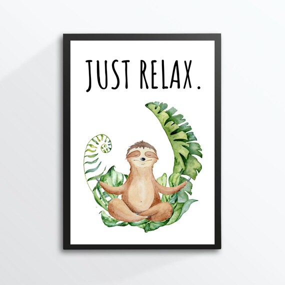 Just Relax Meditating Sloth Watercolor Tropical Leaves Yoga Print