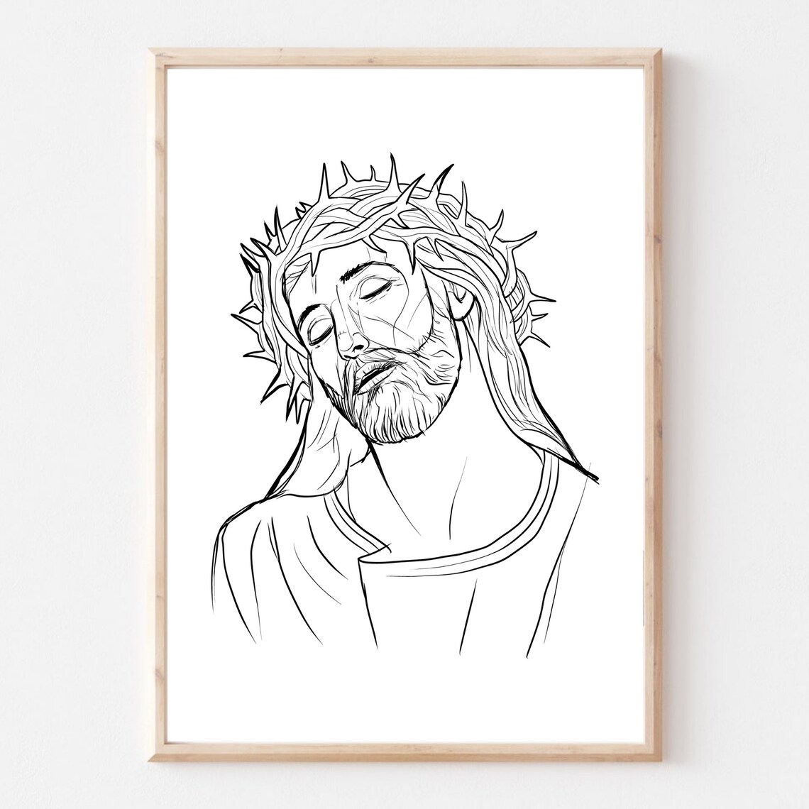 Jesus Christ Crown of Thorns Line Sketch Christian Faith Art Print - Image 2