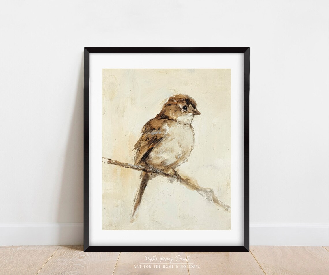 Small Brown Bird On Branch Oil Painting Soft Beige Songbird Art Print - Image 3