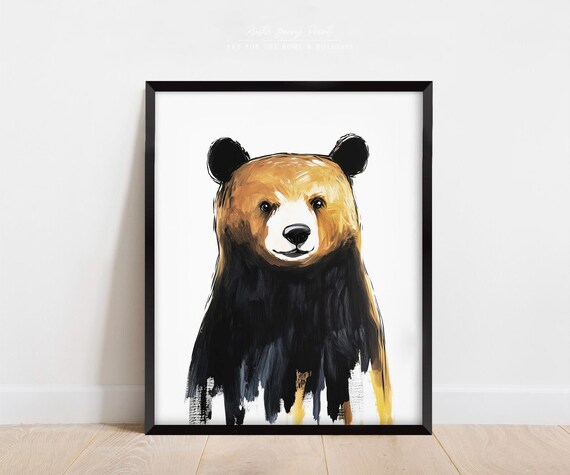 Cute Bear Front Portrait Golden Black Sweet Minimalist Nursery Poster