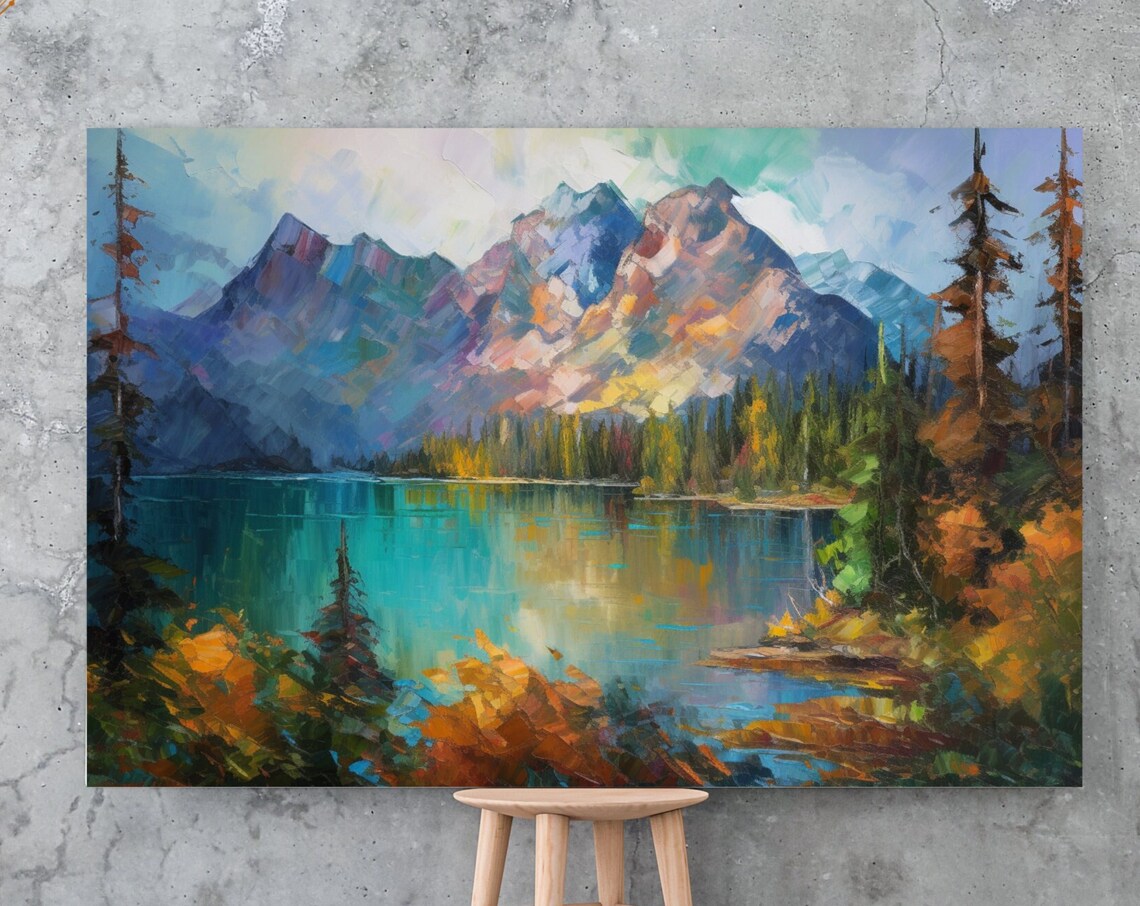 Enchanted Mountain Lake Landscape Pines Impressionist Nature Wall Art
