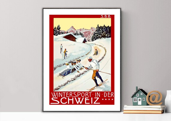 Wintersport in der Schweiz Vintage Swiss Ski Poster SBB Alps Art