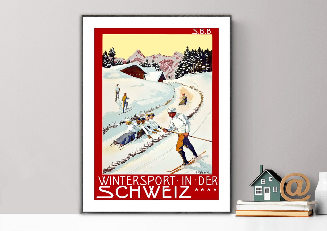 Wintersport in der Schweiz Vintage Swiss Ski Poster SBB Alps Art