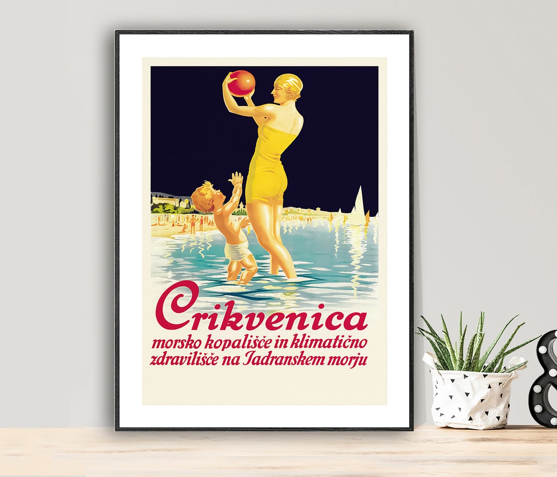 Crikvenica Croatia Adriatic Sea Bathing Beach Vintage Travel Poster