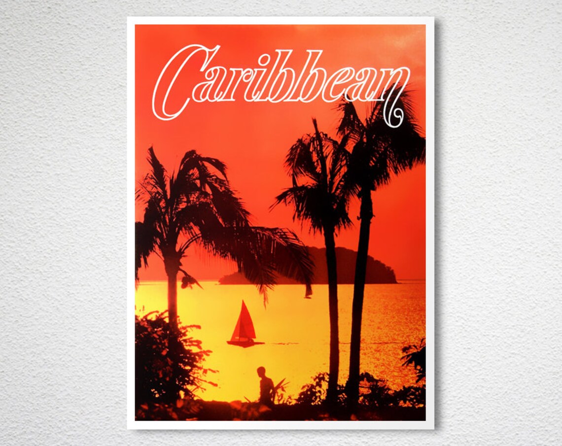 Caribbean Sunset Palm Silhouettes Sailboat Tropical Photography Poster - Image 2