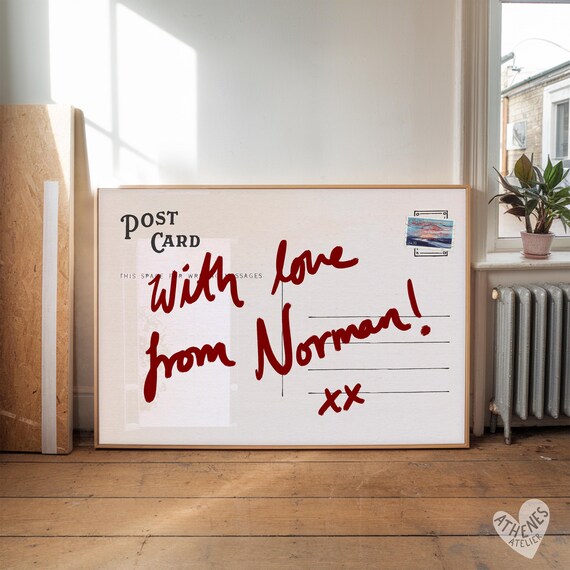 With Love From Norman Red Handwritten Script Vintage Postcard Wall Art