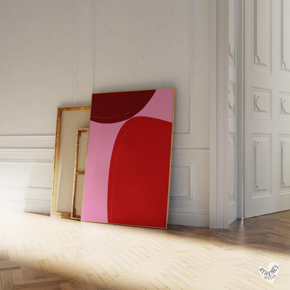 Abstract Print Pink And Burgundy Red Shapes Minimalist Art Peaceful Bedroom Above Bed Living Room Hand Drawn Colorful