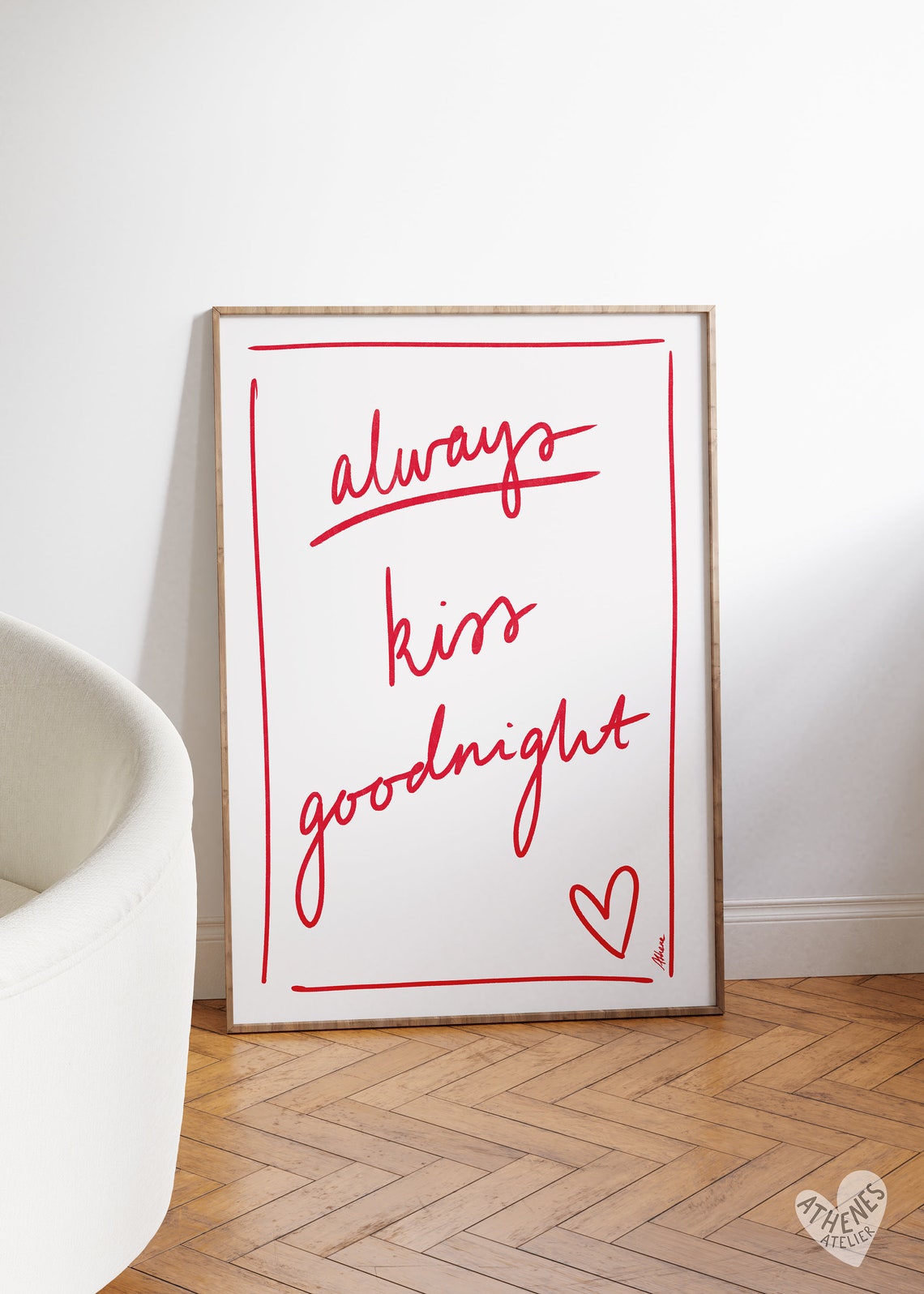 Always Kiss Goodnight Hand Lettered Romance Typography Wall Art